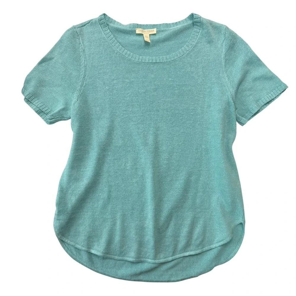 Eileen Fisher Sweater Organic‎ Linen Petite Small Light Blue Short Sleeve Knit